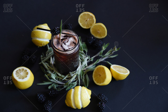 View of blackberry, lemon sage cocktail