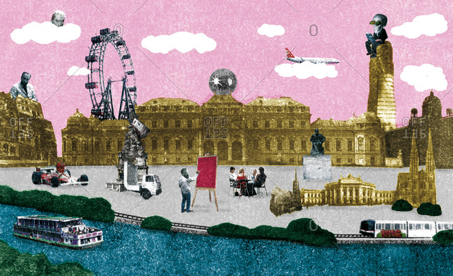 Illustration of people on a square surrounded by buildings