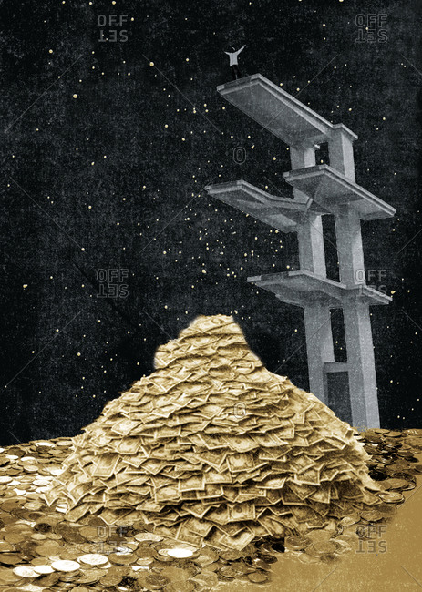 Man standing on a platform above a pile of money