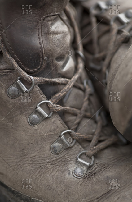 Close up of a pair of old hiking boots