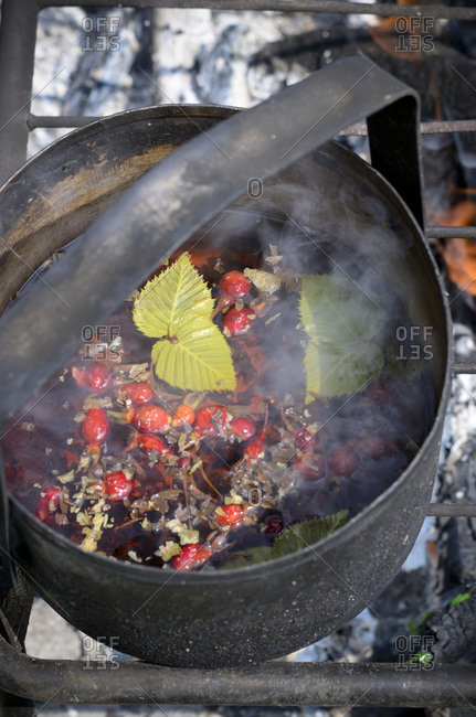Rose hip tea boiling on open fire
