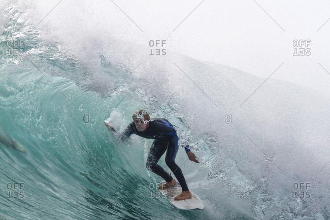 James Woods inside a tube or barreling wave Fuerteventura, Canary Islands