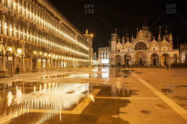 Piazza San Marco and Saint Mark\'s Basilica at night in Venice, Italy