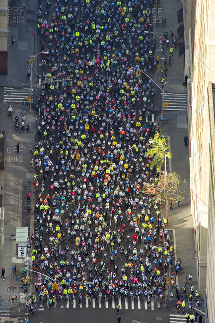 Contestants lining up at the starting point of a race in New York City