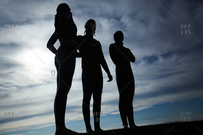 Silhouettes of people standing on a beach