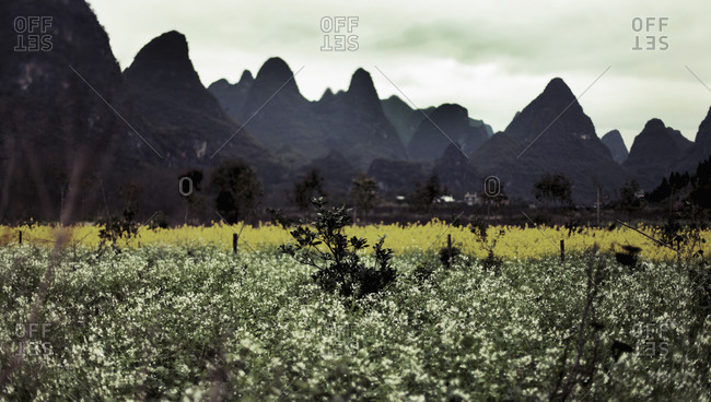 Field against mountain ranges, Huanggyao, China