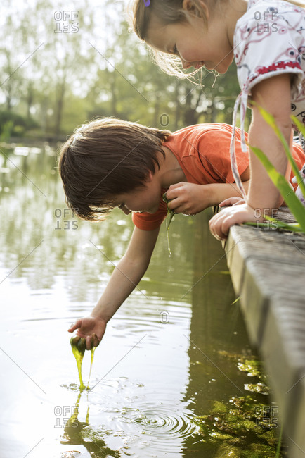 Two children play with pond algae