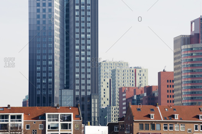 View to modern office towers and multi-family houses in the foreground, Rotterdam