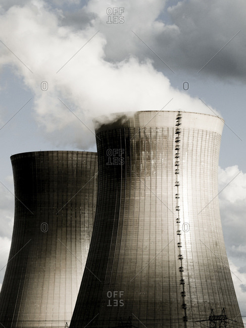 Smoking cooling towers of power plant, Loire Valley