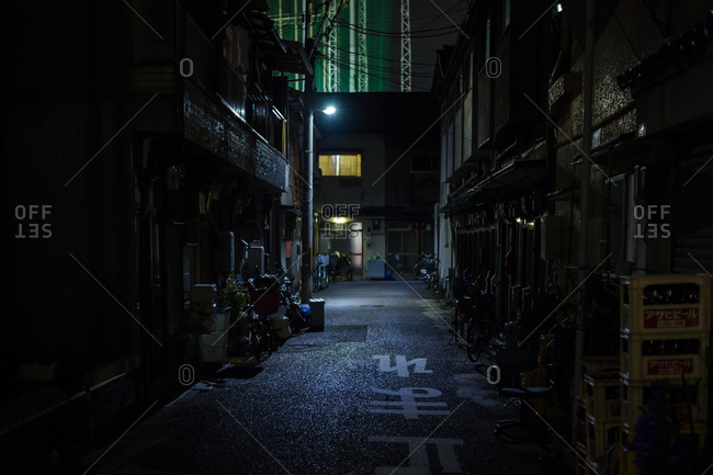 Dark back street at night in Japan