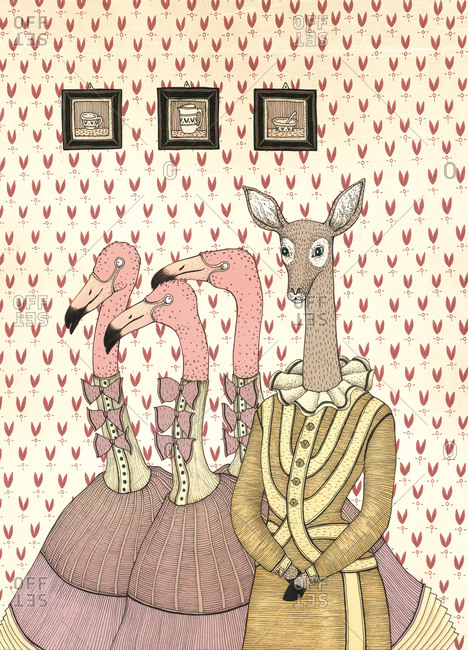 Illustration of a doe with flamingos
