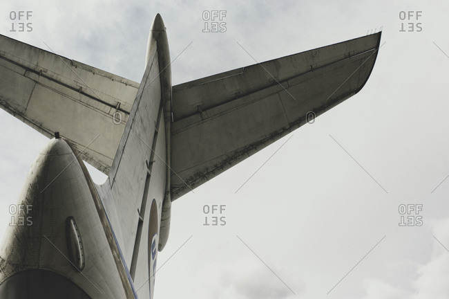 View from below a heavy transport aircraft tail