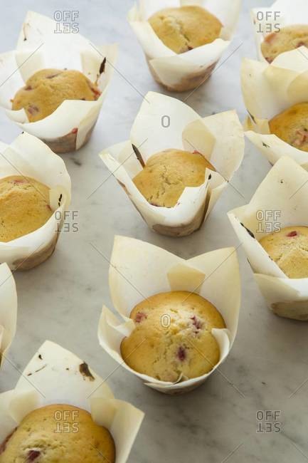 Strawberry and rhubarb muffins in liners