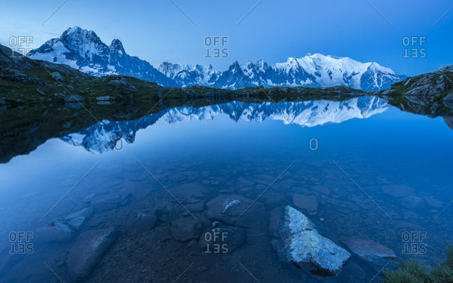 Mont Blanc reflected in the lake at blue hour