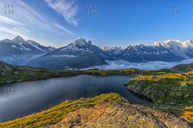 Mountain and lake at sunrise, Mont Blanc