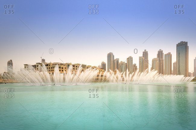 Fountain in the Burj Khalifa Lake with Souk Al Bahar
