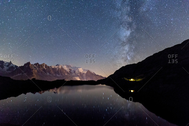 Camping under the stars at Lac des Cheserys, Mont Blanc in centre, Europe\'s highest peak, Chamonix, Haute Savoie, French Alps, France, Europe