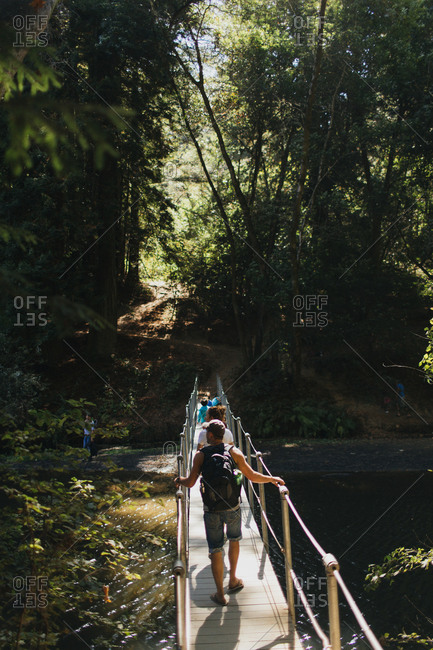 A group of people cross bridge on a forest hike in California
