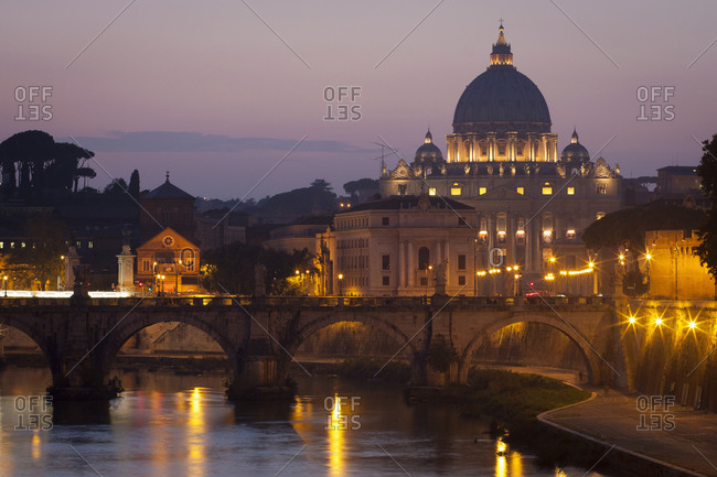 View from the river Tiber towards St Peter\'s Basilica in Vatican City Rome at dusk