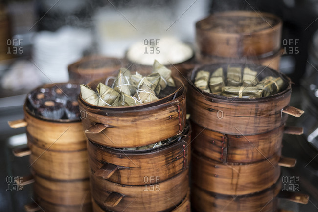 Steaming rice dumpling baskets in Chengdu, China