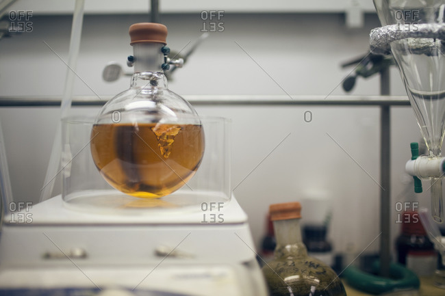 Liquid filled flask in a laboratory
