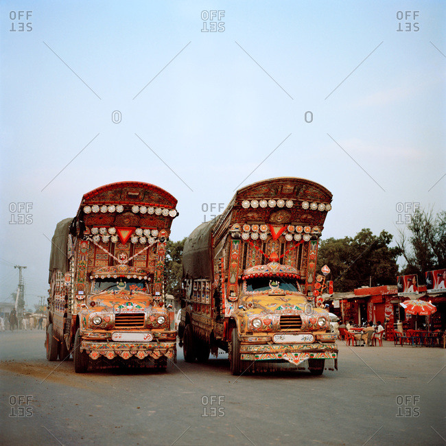 Decorated trucks at the Wagah border