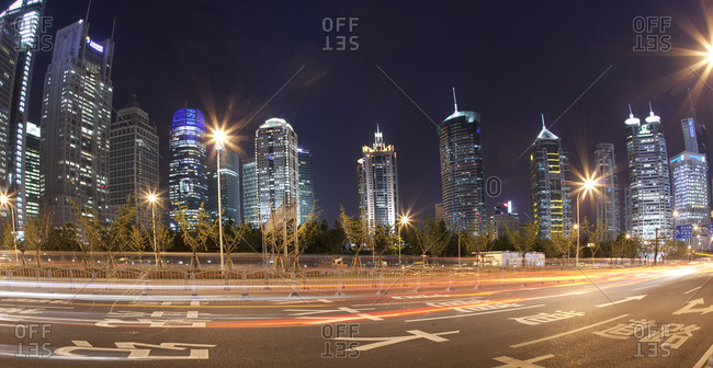 Pudong district skyline at night in Shanghai, China