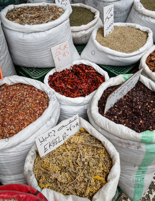 Spice bags at market in Acre, Israel