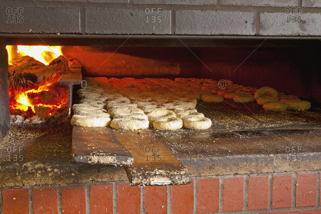 Montreal style bagels in wood fired oven in Magog, Quebec, Canada