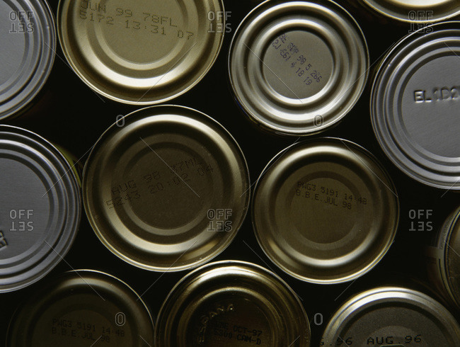 Cans of food stamped with expired best before end dates