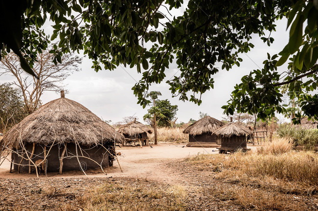 Thatched roof huts in a Ugandan village