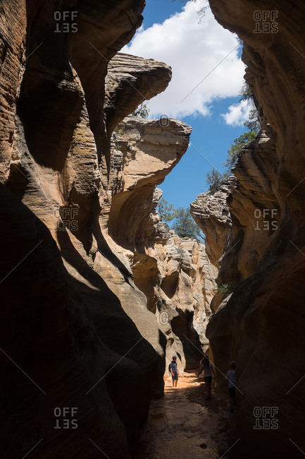 Children in a shadowy canyon in Bryce Canyon, Utah
