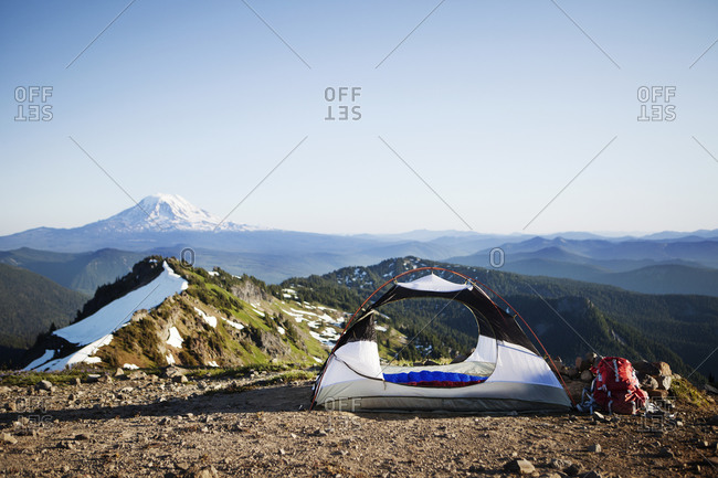 Tent set up on mountain summit