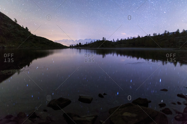 Starry night on Mount Rosa seen from Lake Vallette, Natural Park of Mont Avic