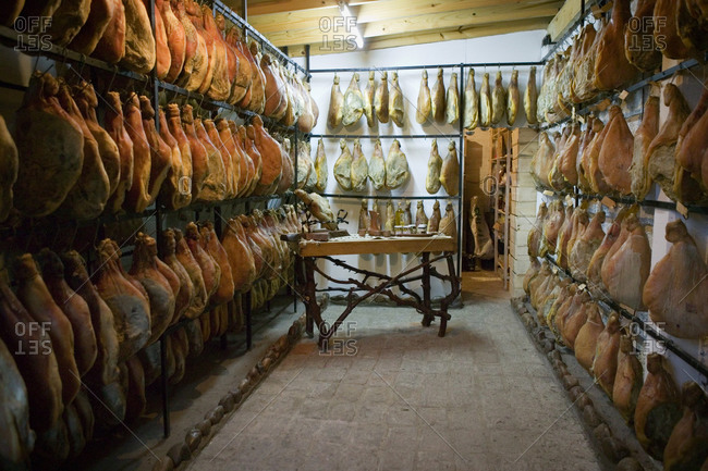 Ham hanging in a curing room in Argentina