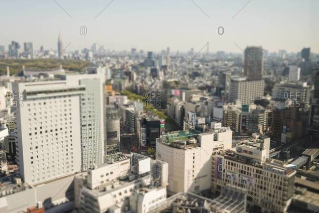 High angle view of Tokyo with soccer field on top of building, viewed from Cerulean Tower Hotel in Shibuya, Tokyo, Japan