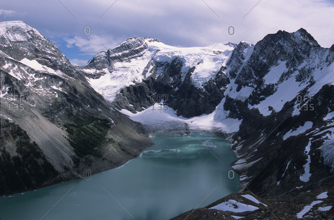 Alpine Lake With Glacier And Mountains Surrounding, Lake Of The Hanging Glaciers, East Kootenays, B.C.