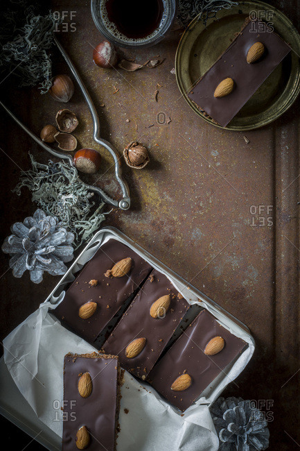 Gingerbread with  chocolate coating and almonds