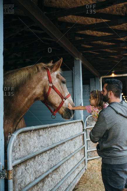 Father and daughter visiting horses at a fair