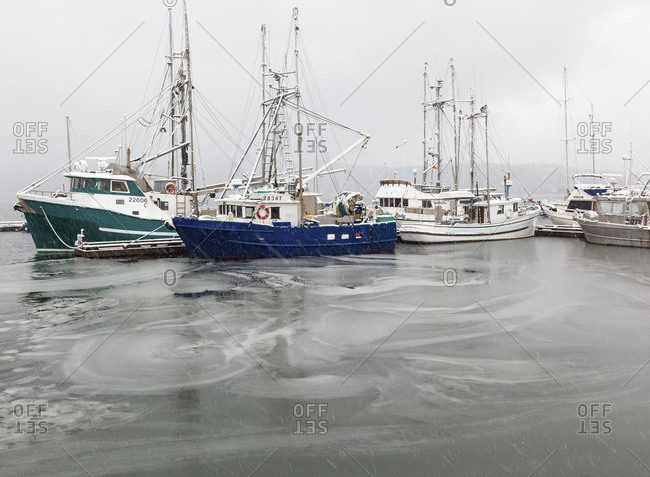 Boats sit at dock as ice covers the waters in the seaside village of Cowichan Bay on Vancouver Island, Duncan, British Columbia, Canada