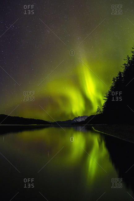 Northern Lights as seen from Echo Cove, Lions Head and Berners Bay in the distance, Tongas National Forest, Juneau, Alaska, United States of America