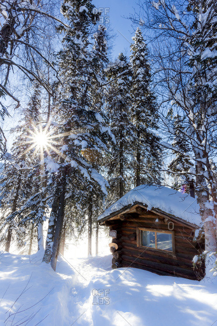 View of a public use log cabin at Byers Lake in fresh snow under a sun burst, Interior Alaska, Alaska, United States of America