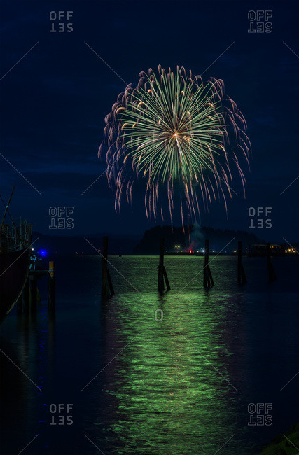 Fireworks explode on the fourth of July, Astoria, Oregon, United States of America