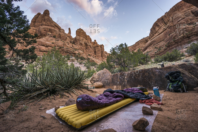 Sleeping pad and sleeping bag on ground sheet in Desert Canyon