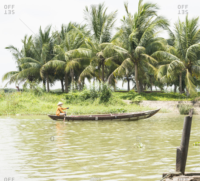 Woman paddling a traditional fishing boat along the Thu Bon river in Hoi An, Vietnam, Thu Bon river, Thu Bon, river, water, boat, rowing, transport, traditional, wooden, paddle, woman, female, adult, one person, nature, waterway, travel, palm trees, hat, 