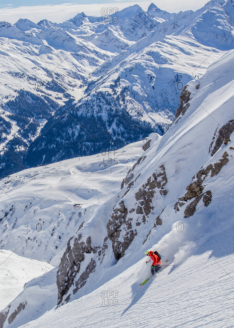Man skiing in powder snow in St. Anton, Austria
