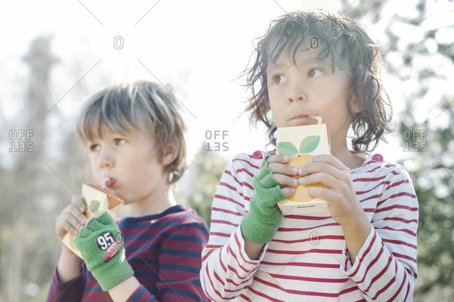 Boys drinking from juice boxes in a yard on sunny day