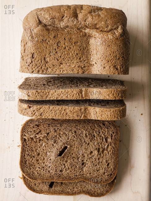 Loaf of Russian black bread cut into slices