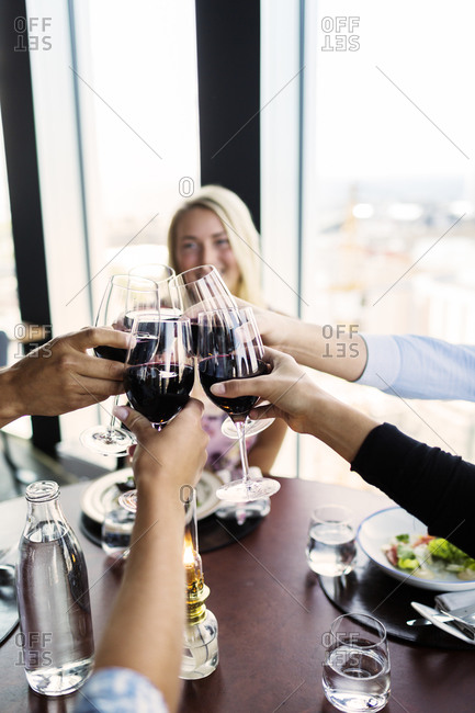 Group of adults toasting with wine at a restaurant