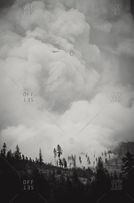 Black and white of huge clouds of smoke from forest fire, British Colombia, Canada